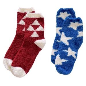 Two Pairs Chenille Socks Patriotic Diamonds and Stars Red White Blue